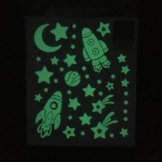 Fosforová nálepka na stenu Mesiac, hviezdy a raketky