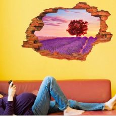 3D Nálepka na stenu - Diera v stene s výhľadom na levanduľovú lúku